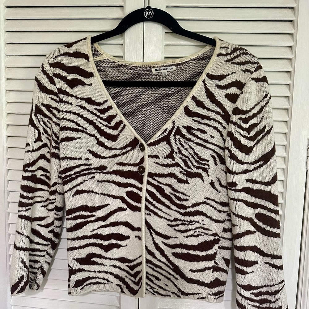 Reformation Zebra Pattern Cardigan in Brown and Cream